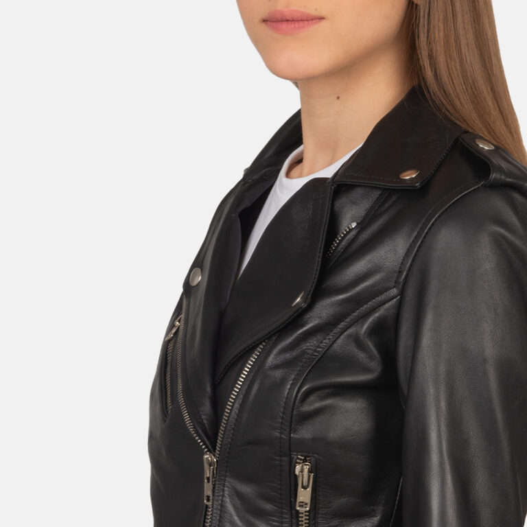 Womens Alison Black Leather Biker Jacket Close-Up-9-1659378928609